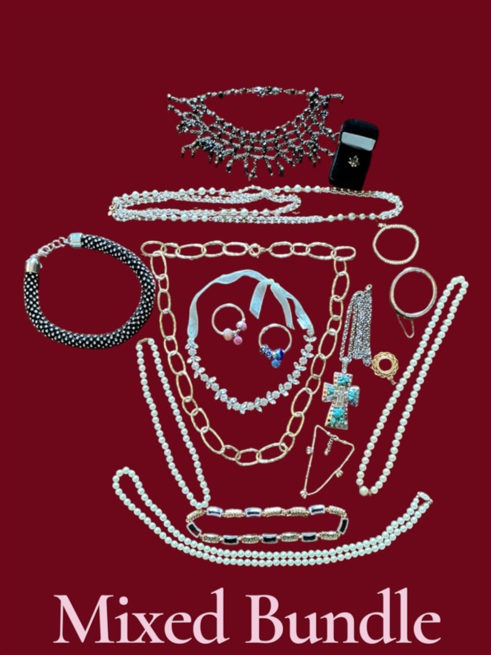 Mixed Pearl, Chains, Stones, Ring, Charms, White&Gold - Fashion Jewelry Bundle